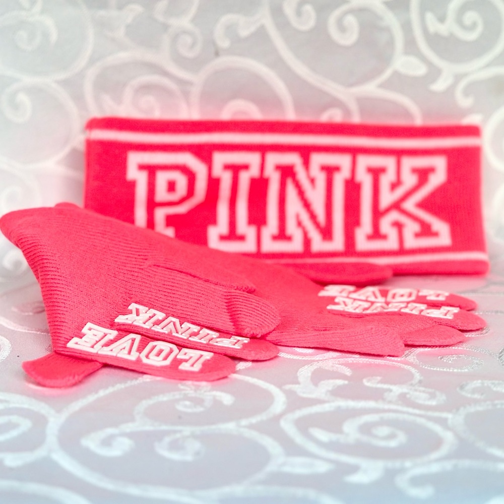 NEW Victoria's Secret PINK Ear Warmers / Headband & Gloves Set Neon Orange Cute!